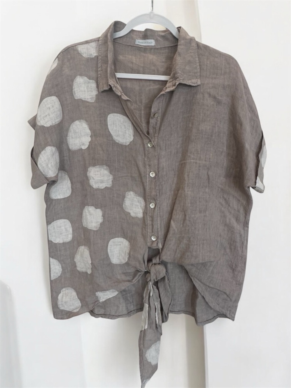 100% Linen Tie Front Top Shirt Taupe Made in Italy Coastal Lagenlook L/XL